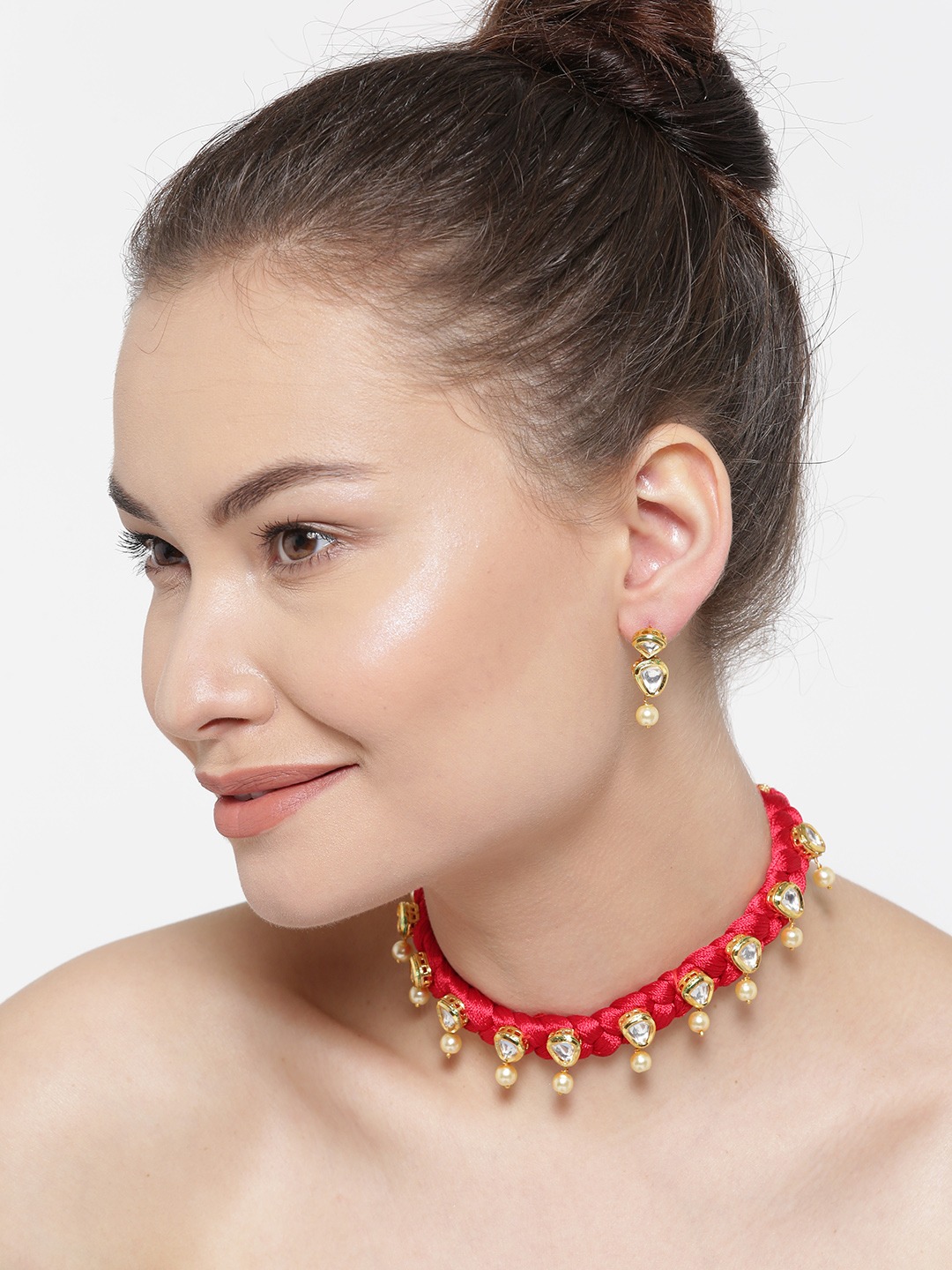 YouBella Red  Gold-Toned Stone-Studded Beaded Jewellery Set